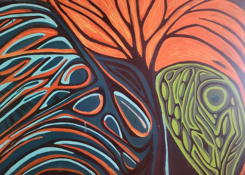 Finding Solace, 2019, Acrylic on cement board, 20 × 36 × 0.25 in.